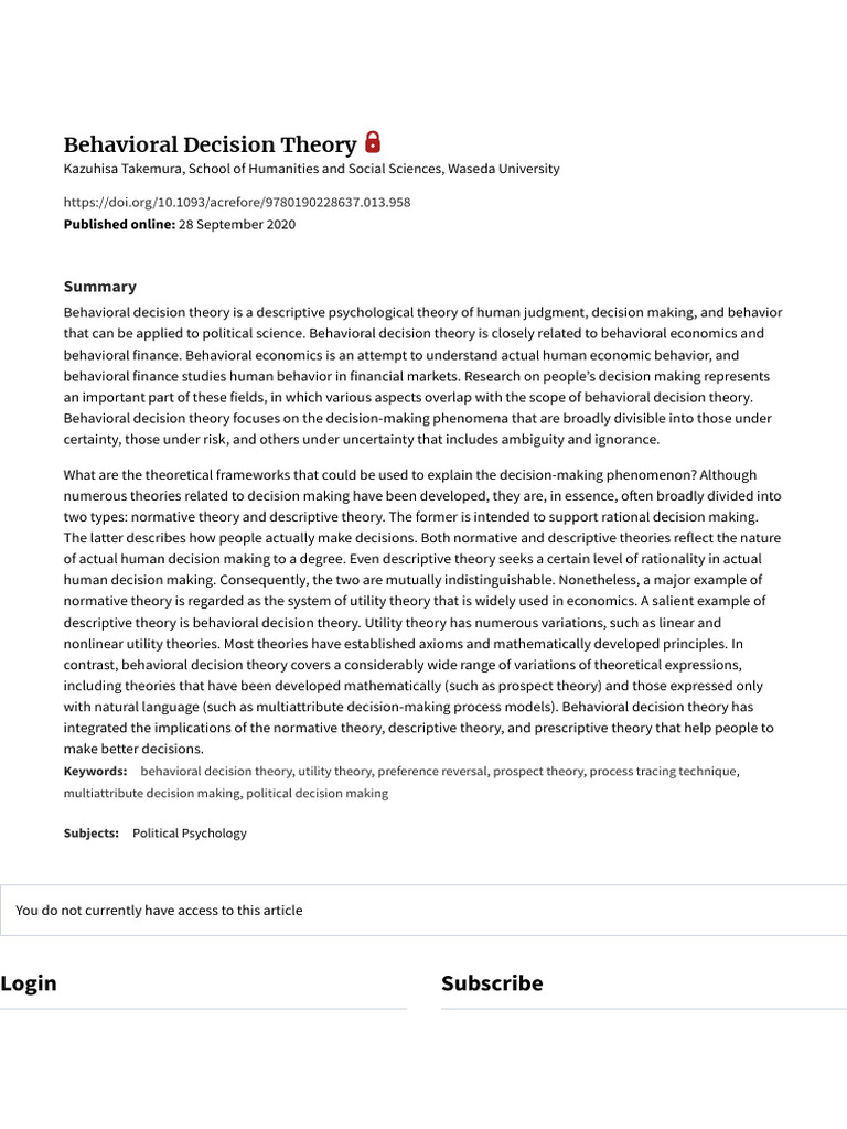 Behavioral Decision Theory Oxford Research Encyclopedia Of Politics Pdf