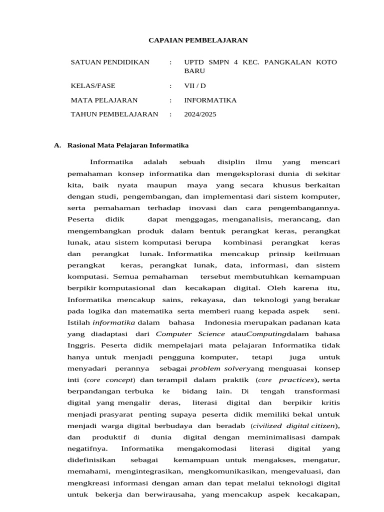 CP Mapel Informatika Kelas Vii Terbaru 2024 | PDF