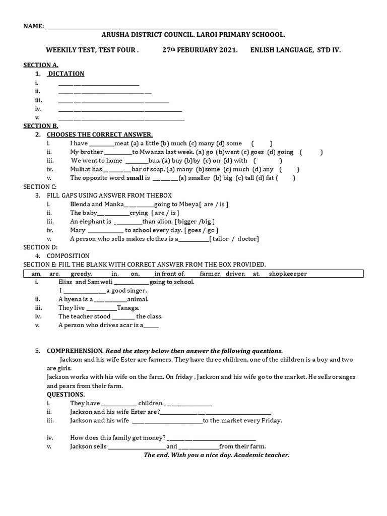 Weekly English Test for Std IV Students | PDF