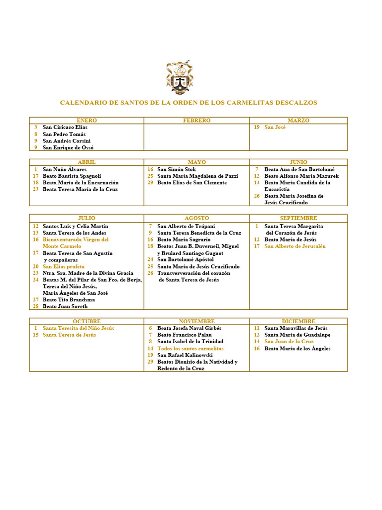 Calendario de Santos de La Orden de Los Carmelitas Descalzos | PDF