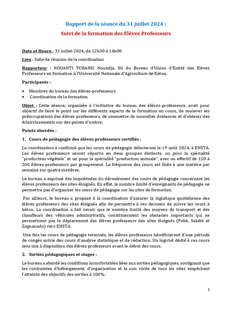 Rapport de La Séance Du 31 Juillet 2024 Entre Le Bureau Des Élèves ...
