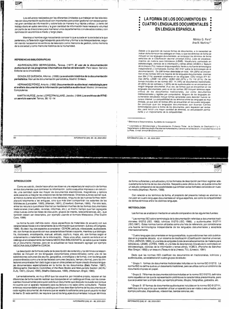 La Forma de Los Documentos en Cuatro Lenguajes Documentales en Lengua ...