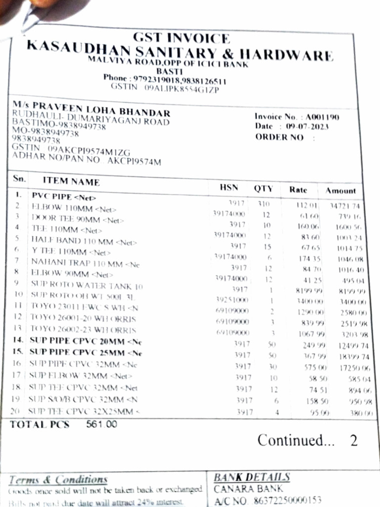 HSN Code 39174000 Invoice Summary | PDF