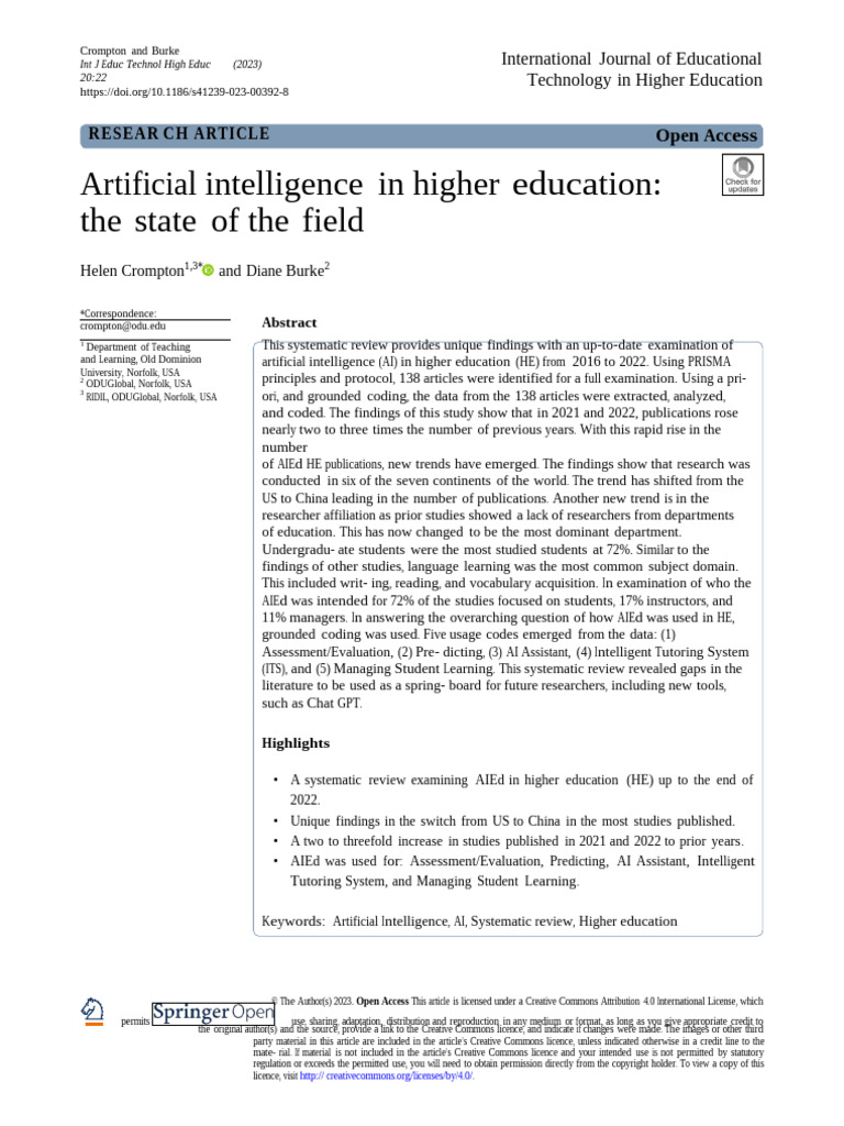 Artificial Intelligence in Higher Education: The State of The Field | PDF