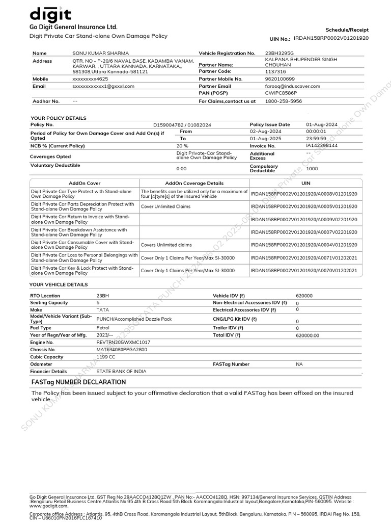 D159004782 Own Damage Policy | PDF