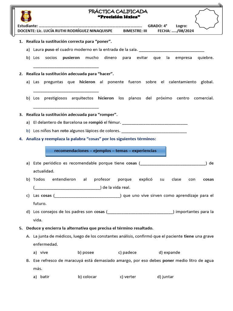 Ejercicios de Precisión Léxica en Español | PDF | Hogar, jardinería y ...