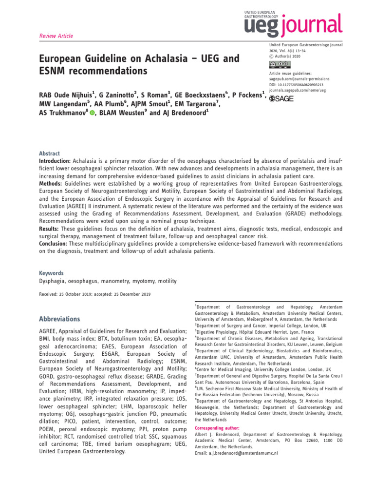 European Guideline On Achalasia - UEG and ESNM Recommendations | PDF