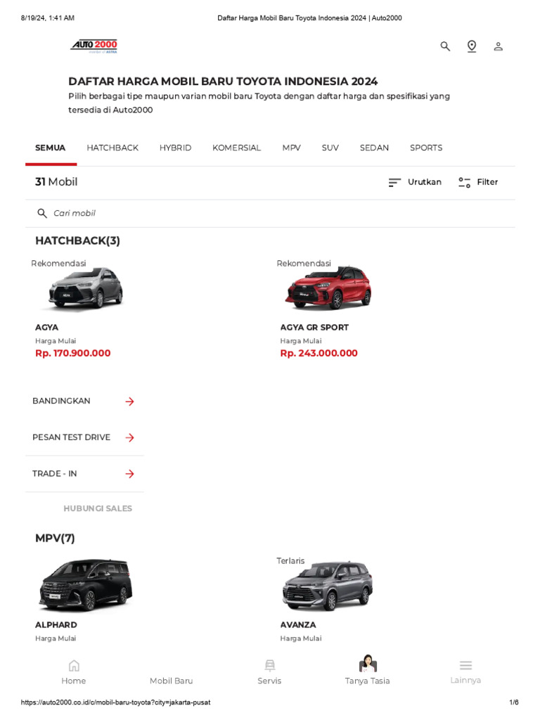 Daftar Harga Mobil Baru Toyota Indonesia 2024 - Auto2000 | PDF