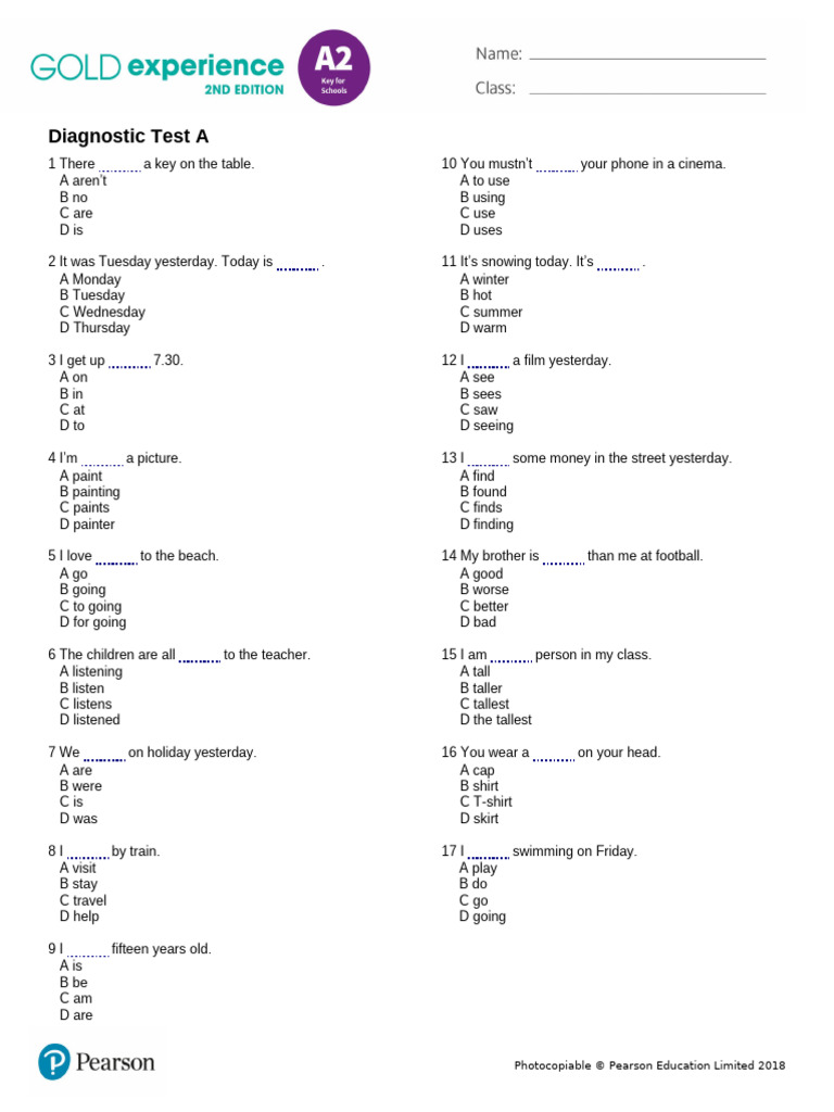 Gold Exp A2 Diagnostic Test A | PDF