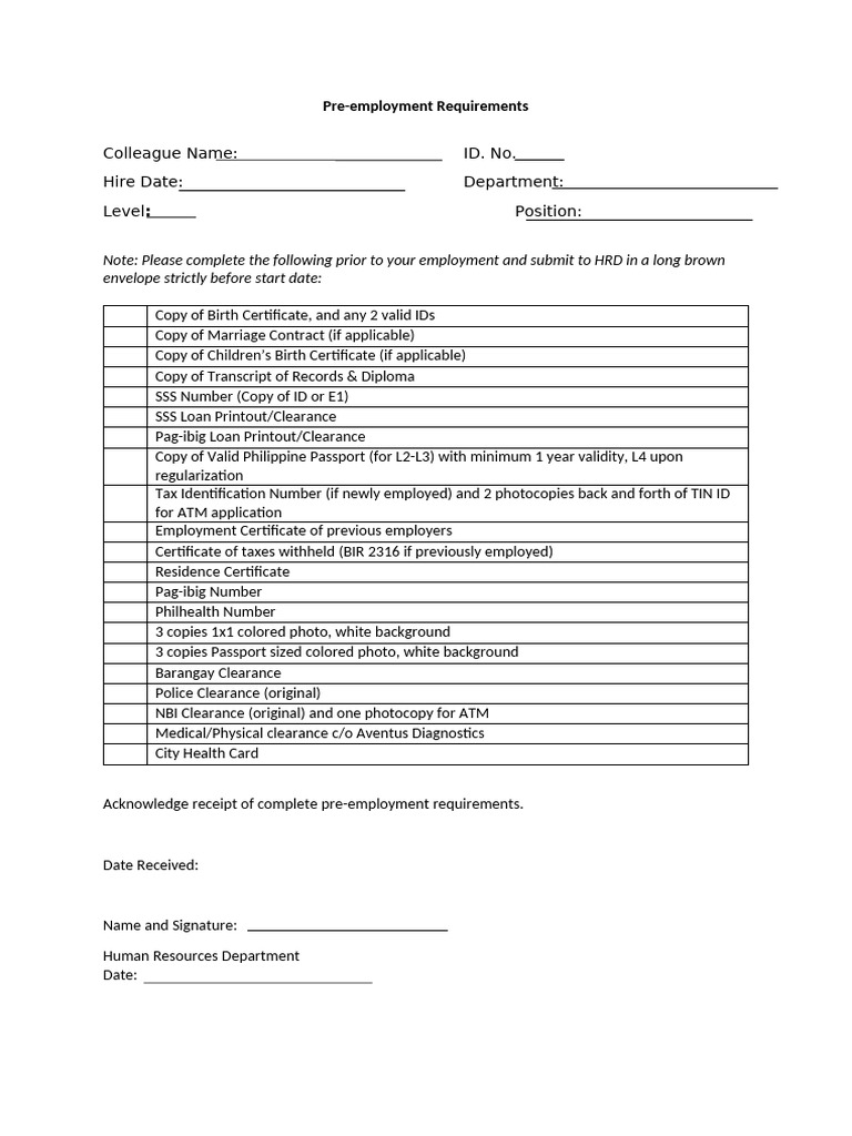 4) Pre-Employment Requirements - With Acknowledgement | PDF