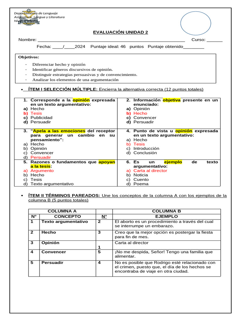 Evaluación de Lengua y Literatura I° Medio | PDF | Teoría de la ...