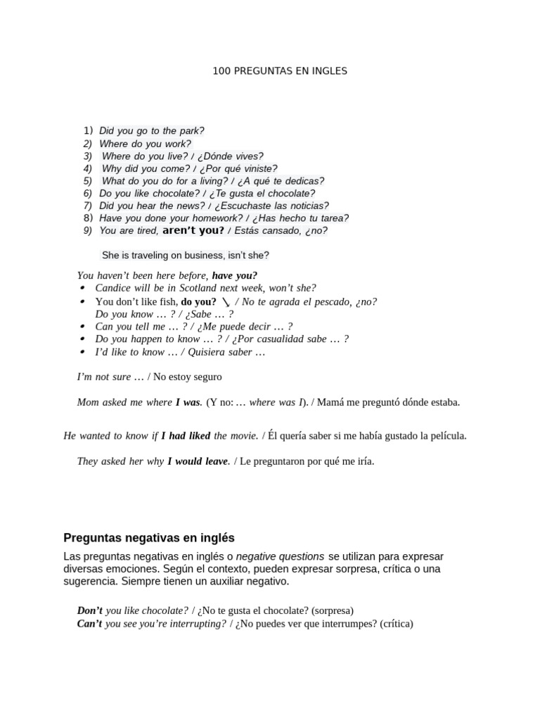 100 Preguntas en Inglés y Español | PDF