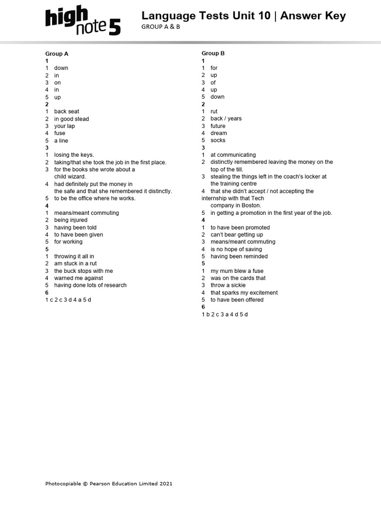 HighNote5 Unit Language Test Unit10 GroupA B ANSWERS | PDF