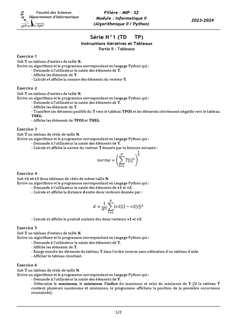 Exercices Python sur Tableaux et Matrices | PDF | Matrice ...