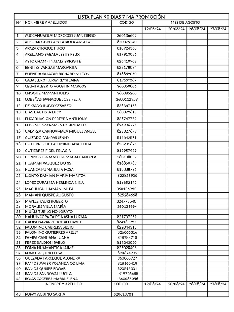 Lista Plan 90 Dias 6ta Promoción | PDF | Estilo de vida