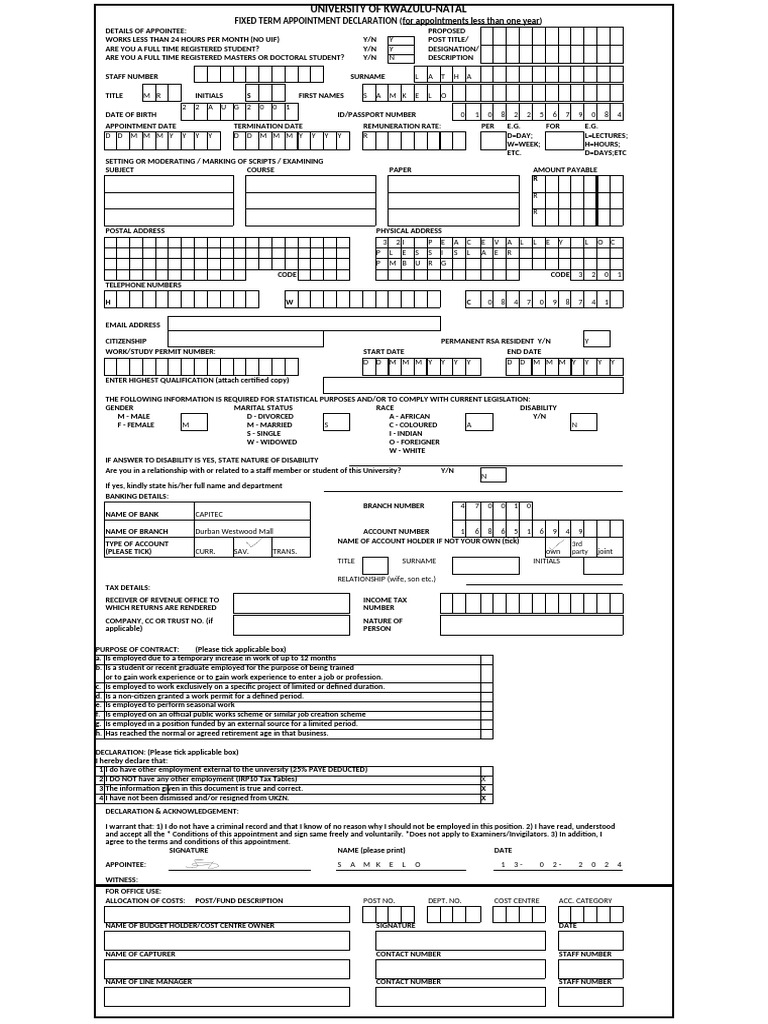 Fixed Term Appointment Form 2022 Signed | PDF