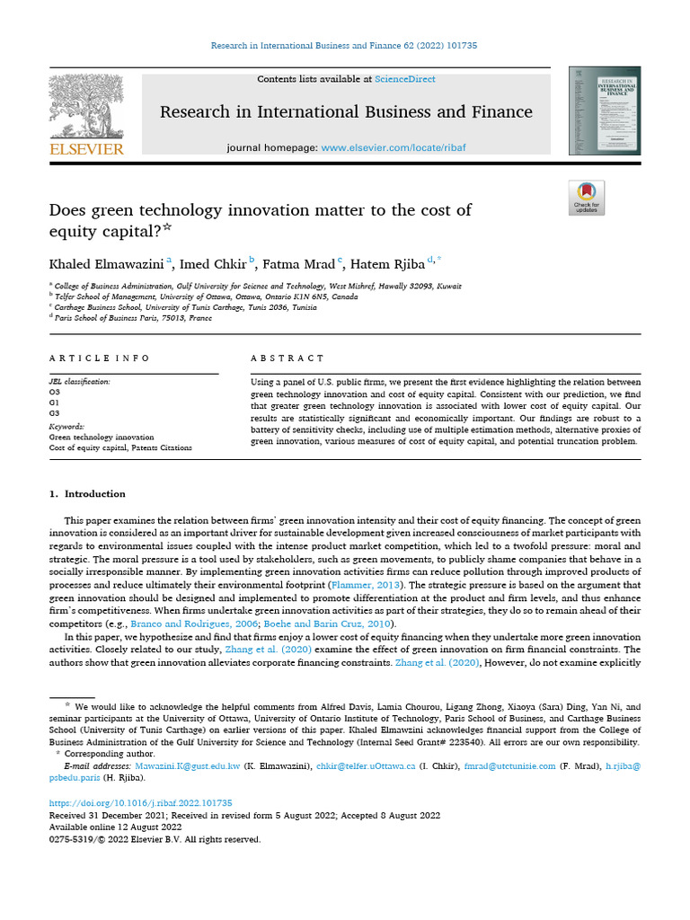 Does Green Technology Innovation Matter To The Cost of Equity Capital | PDF