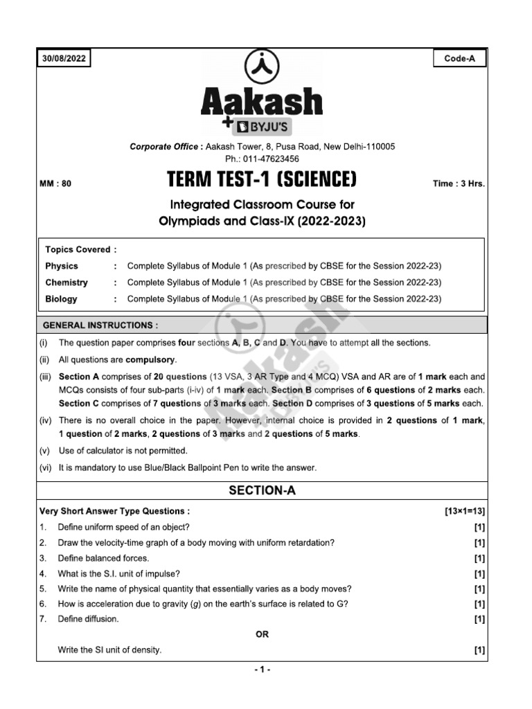 CBSE Term Test-01A (C-9) - Science (30-08-2022) | PDF