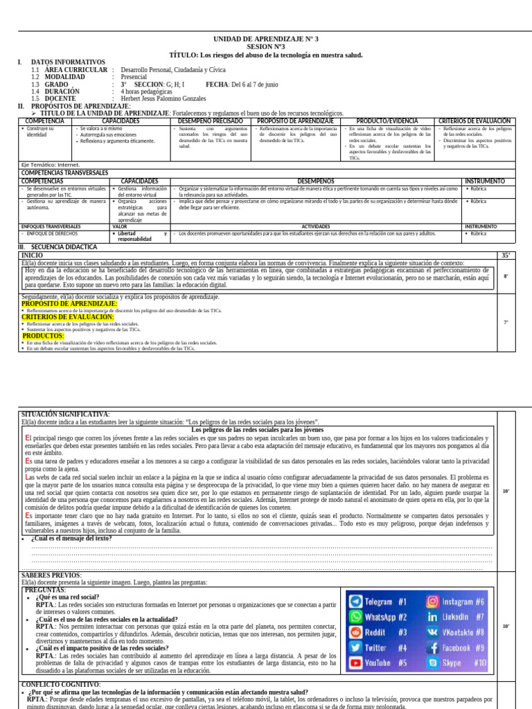 Unidad de Aprendizaje 3 Sesion 3 UDA DPCC 3° VII Ciclo Los Riesgos Del ...