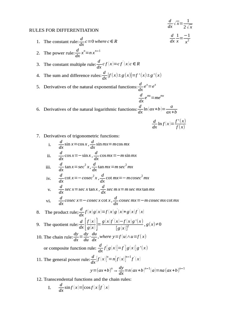 Rules For Differentiation | PDF