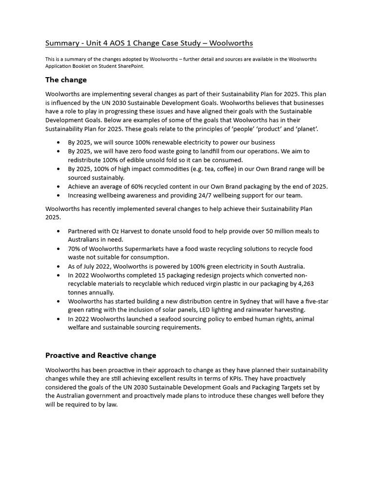 Unit 4 aos 1 change case study summary woolworths pdf