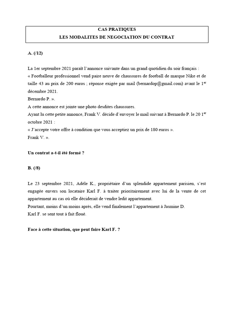 Cas Pratiques Modalités de Négociation Du Contrat (Sujet) | PDF