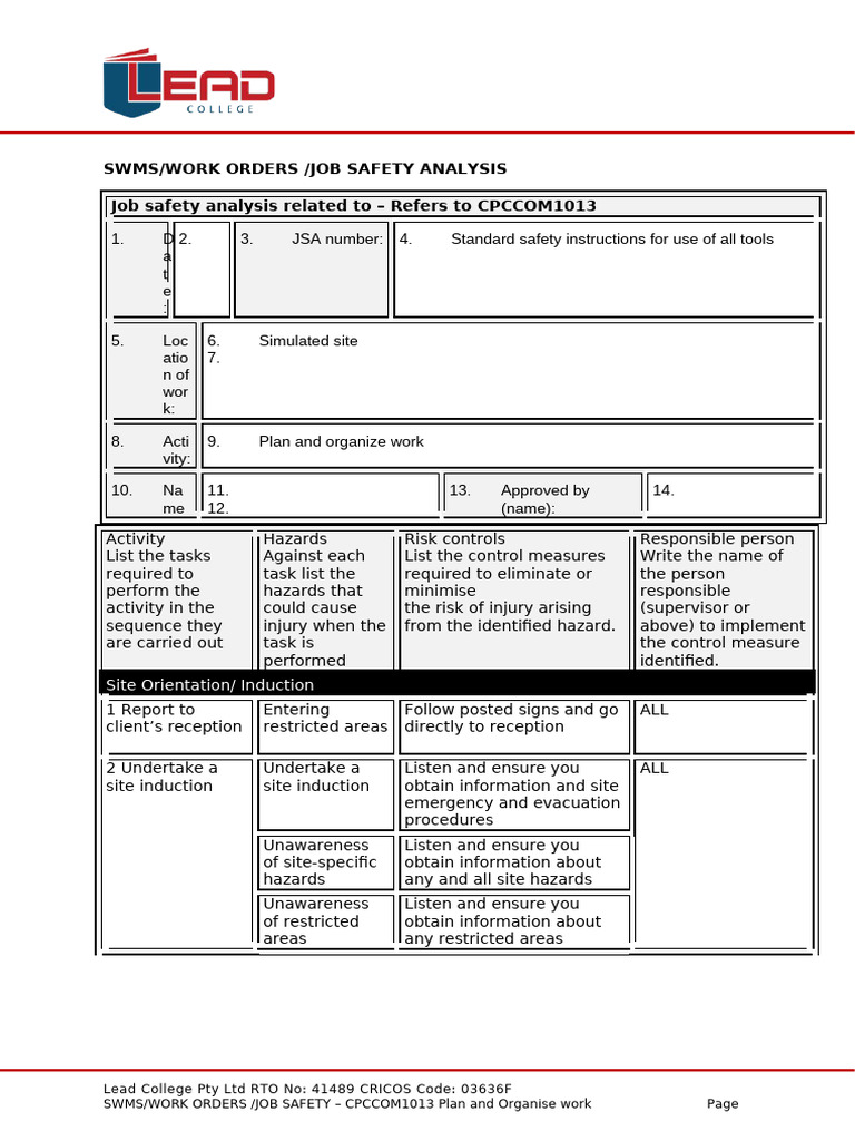 9a Task 3 Attachment 1 SWMS - Work Orders - JSA - Plan and Organise ...