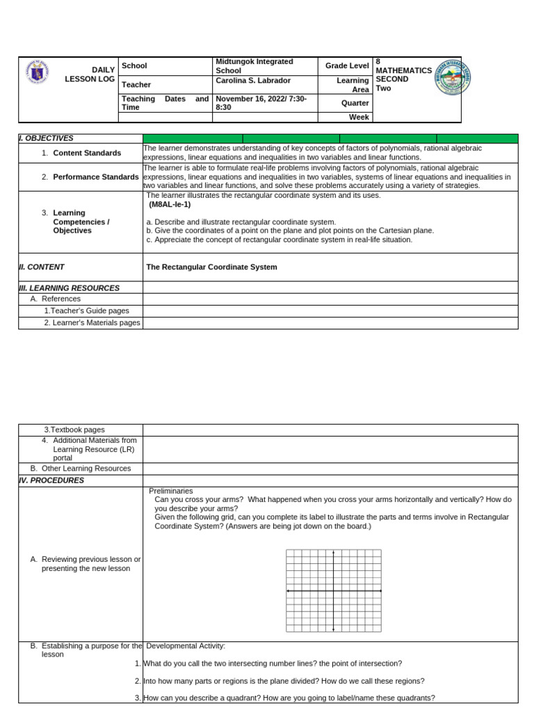 Lesson Plan in Mathematics 8 q2 | PDF