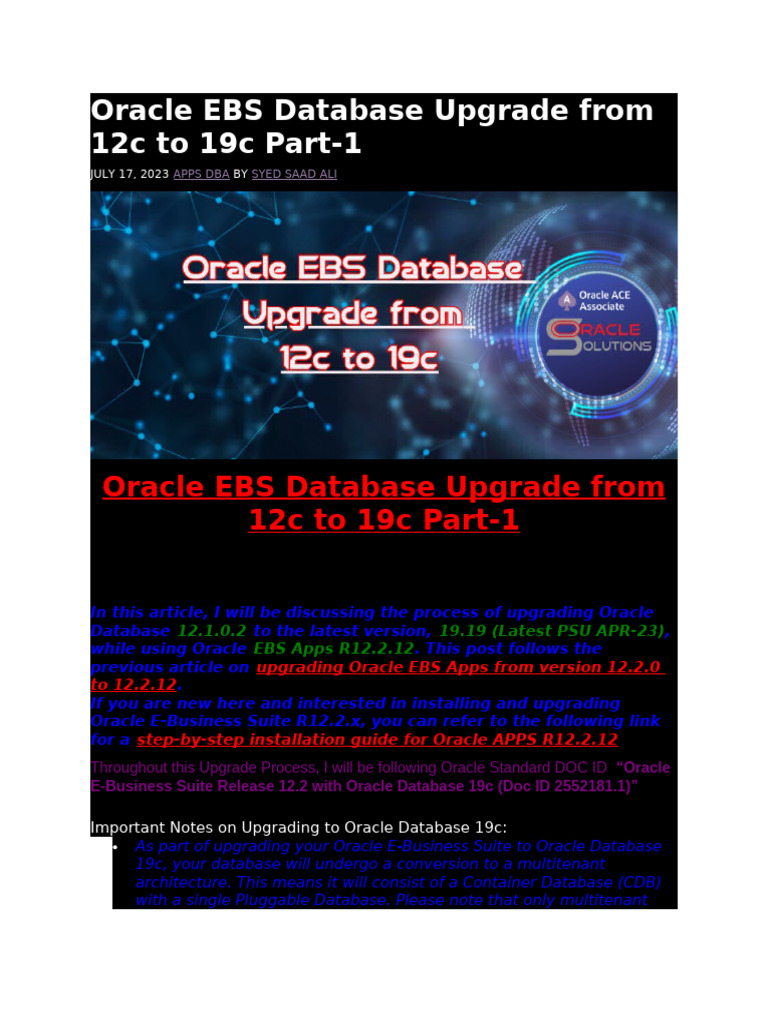 Oracle EBS Database Upgrade From 12c To 19c Part | PDF