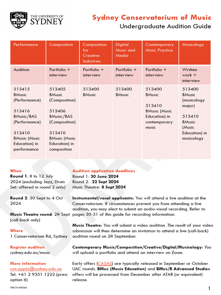 Example Sydney Conservatorium of Music Ug Audition Requirements | PDF