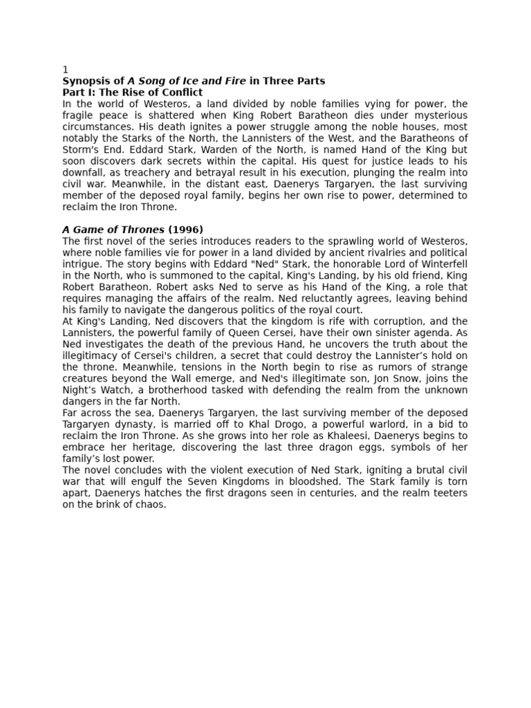 Synopsis of A Song of Ice and Fire in Three Parts Part I: The Rise of ...