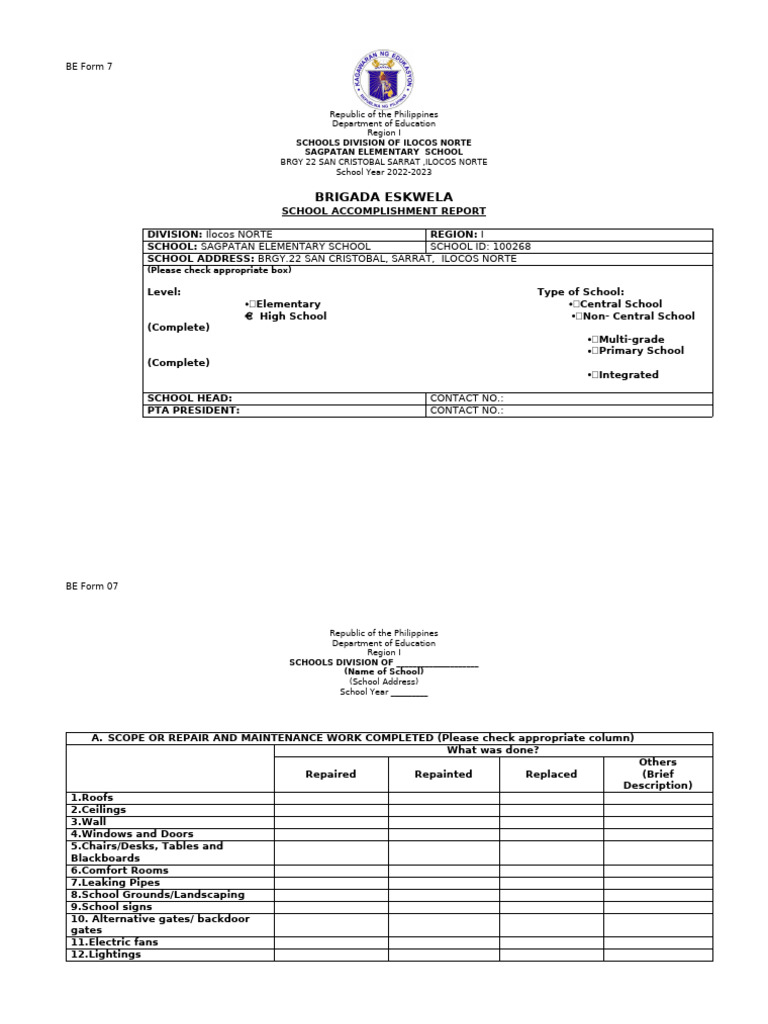 Be form 7 school accomplishment report pdf