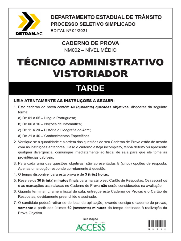Instituto Access 2021 Detran Ac Tecnico Administrativo Vistoriador ...