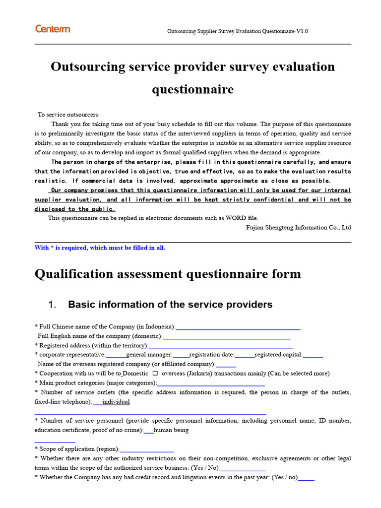 Service Outsourcing Evaluation and Questionnaire-0131 | PDF