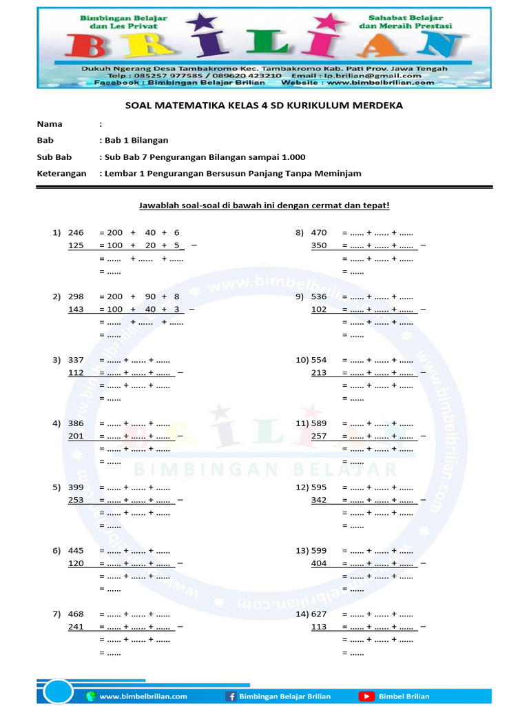 Soal Matematika Kelas 4 SD Pengurangan Bersusun Panjang Lembar 1 | PDF