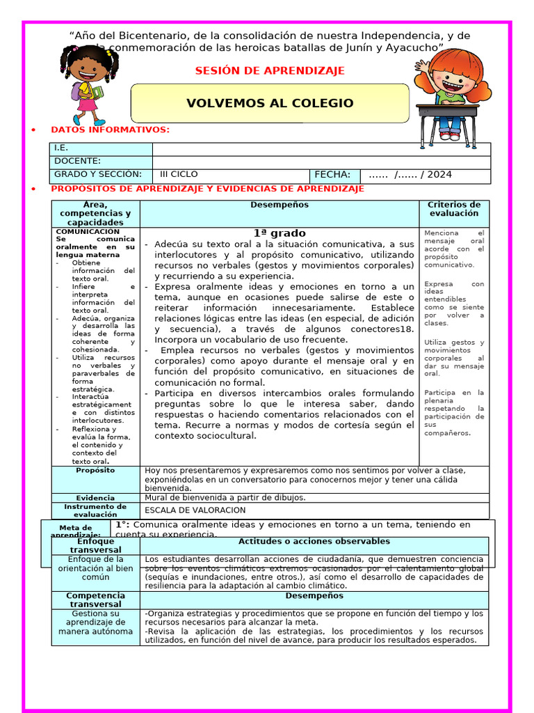 1º U1 S1 Sesion D1 Com Volvemos Al Colegio | PDF