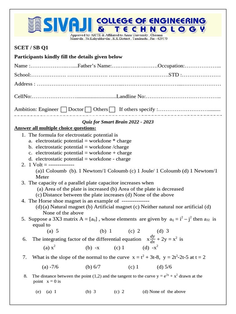 Scet - Questions For +2 Students 2023 | PDF | Electrostatics | Input/Output