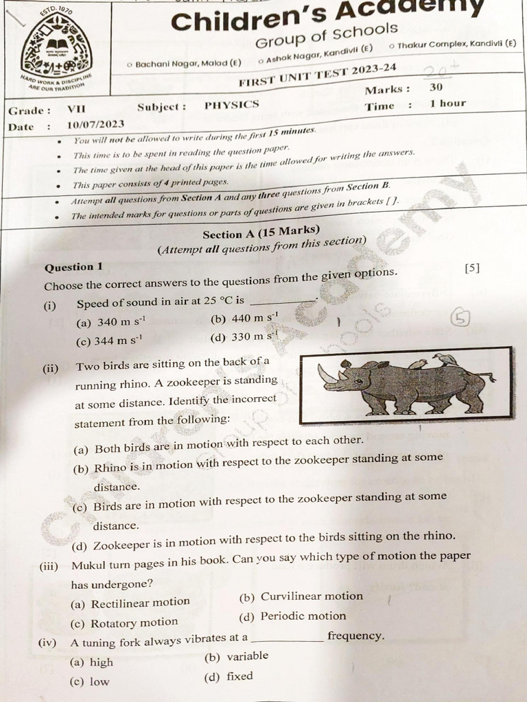 Physics - Unit Test 2 - Grade 7 | PDF