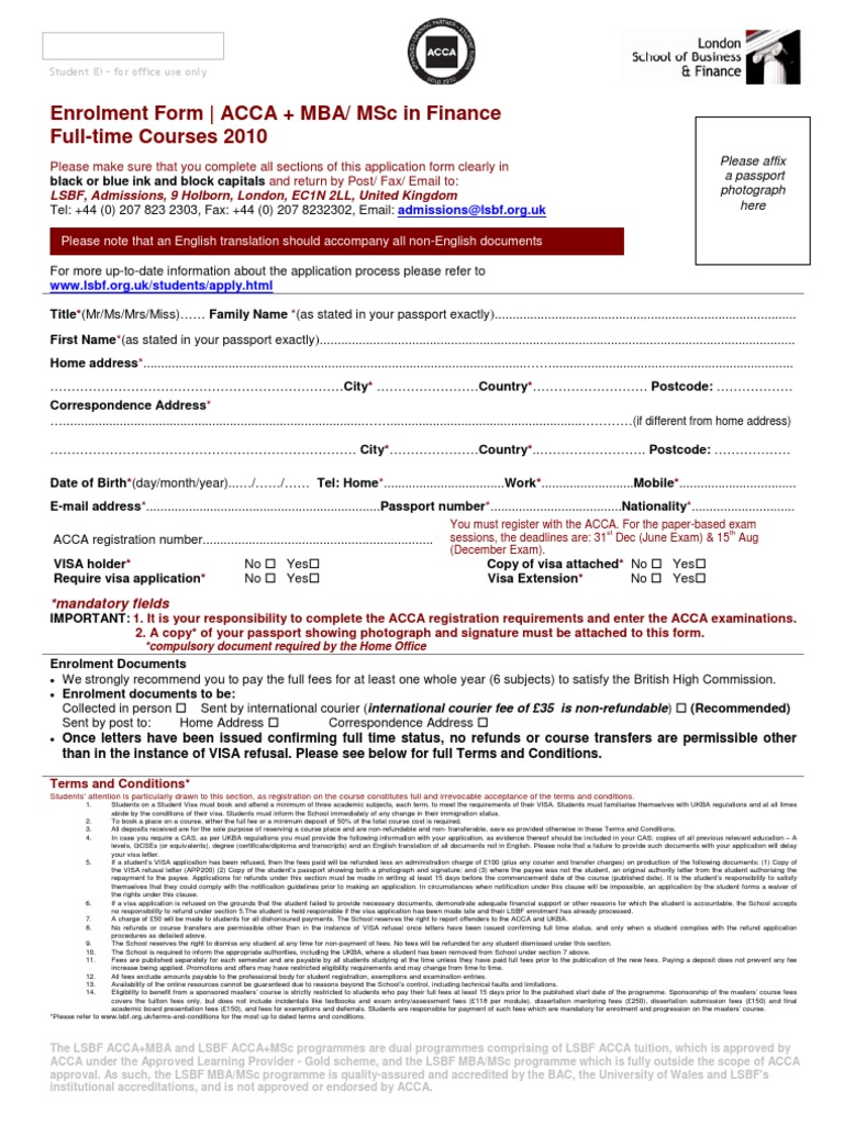 ACCA + MBA/MSc Enrolment Form 2010 | PDF | Business