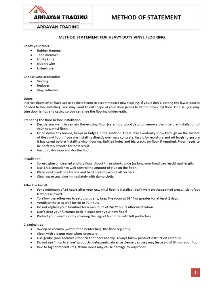 Method Statement - Vinyl Floor | PDF