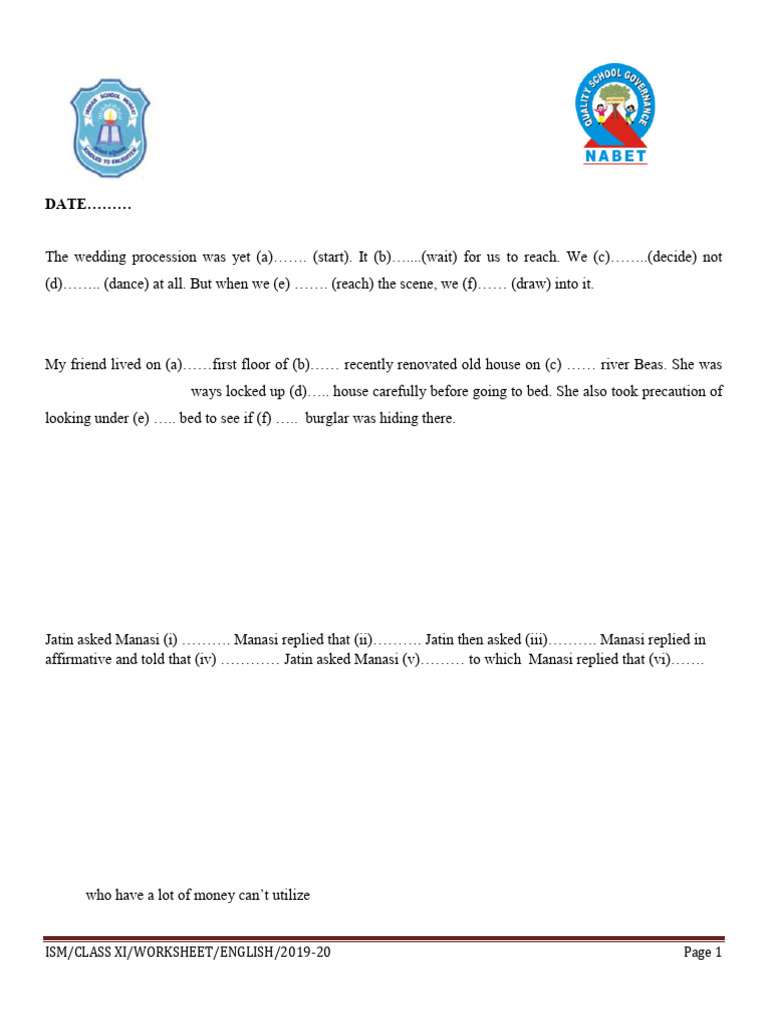 CLASS XI ENGLISH INTEGRATED GRAMMAR WORKSHEET 29 2019 20 PDF