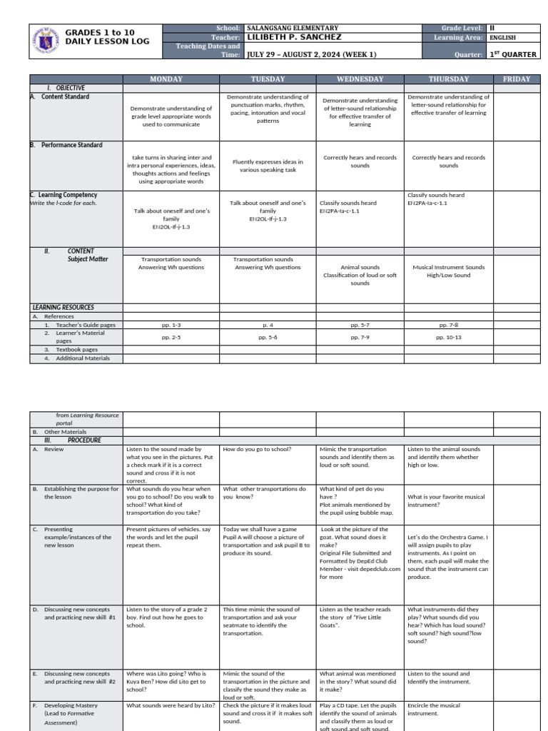 DLL - English 2 - Q1 - W1 | PDF