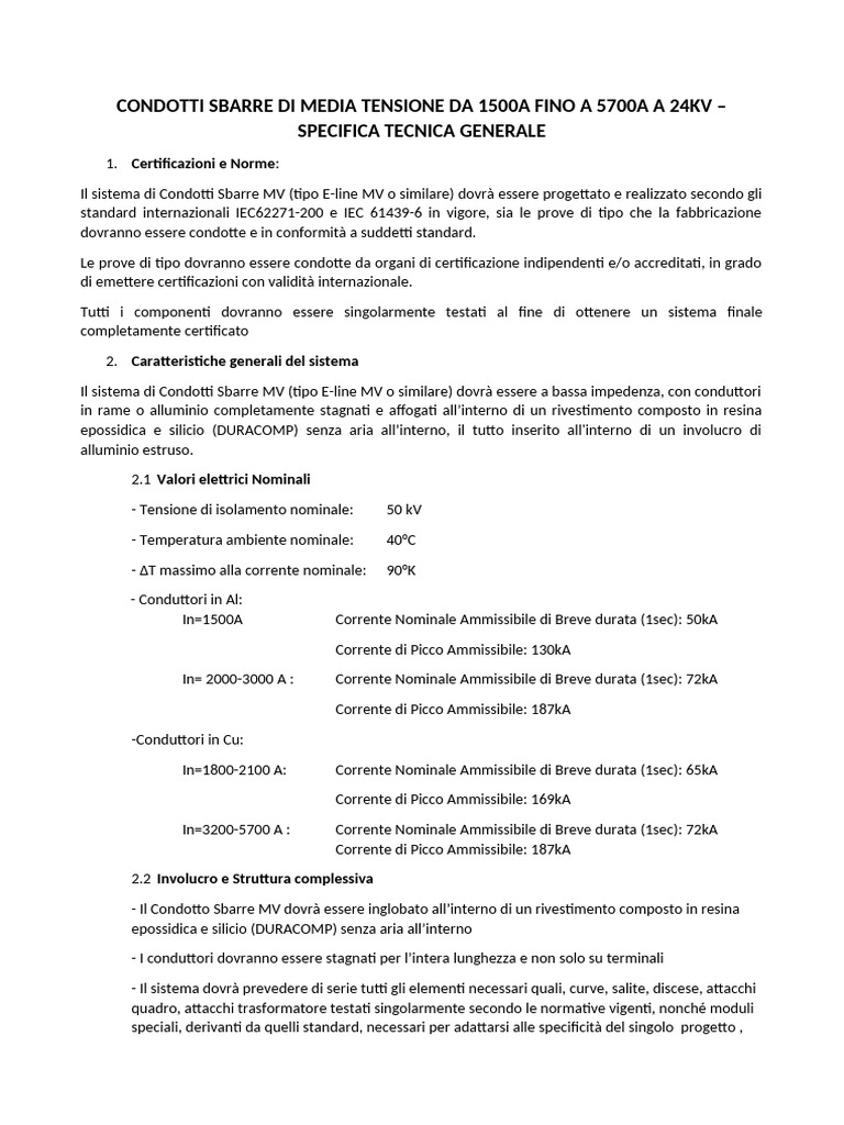 Condotti Sbarre MV - Specifica Tecnica Generale | PDF