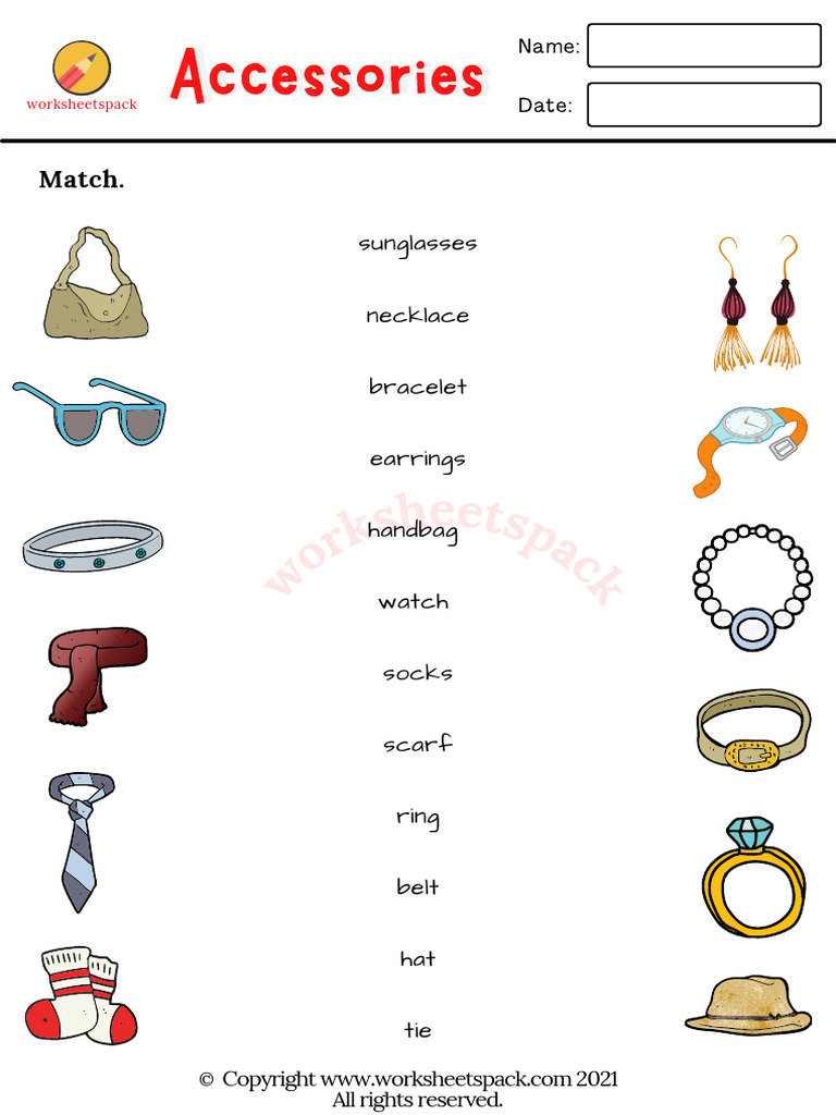 Esl accessories worksheet matching exercise pdf