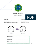 Mathematics Test, AUGUST 2011.: Topic /topik: Duration/ Tempoh: Number of Questions/ Bilangan Soalan