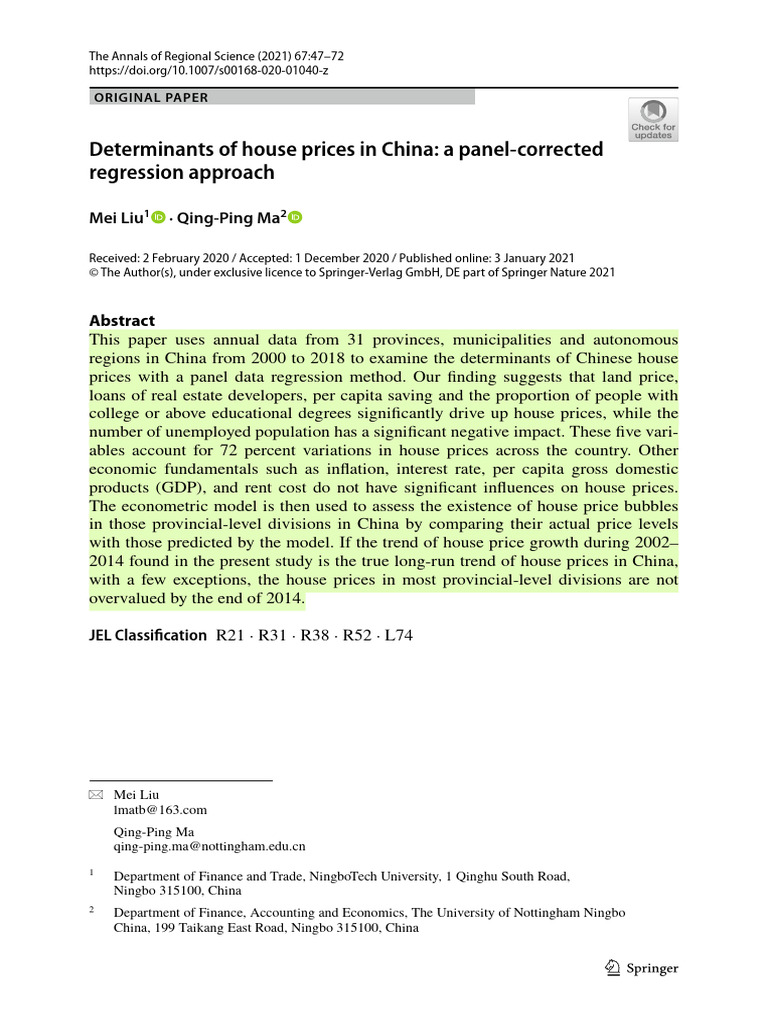 Determinants of House Prices in China A Panel Corrected G2 | PDF