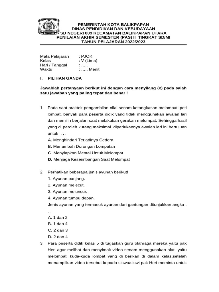 Kumpulan soal isian pjok tema 7-8 k13 kelas 4