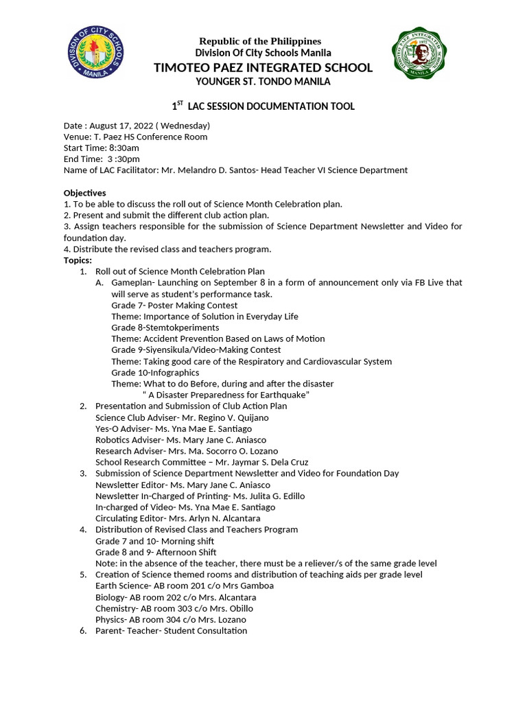 1st LAC Session Documentation - Science | PDF