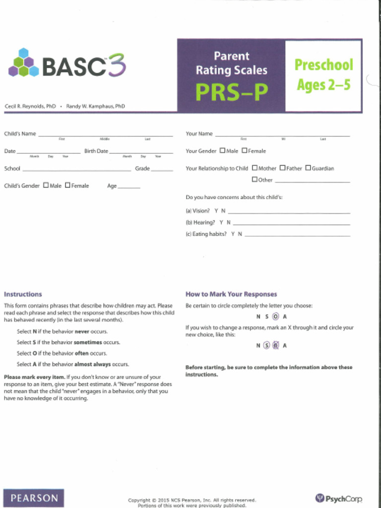 Basc 3 Parent Rating Scales Preschool Ages 2 - 5 | PDF