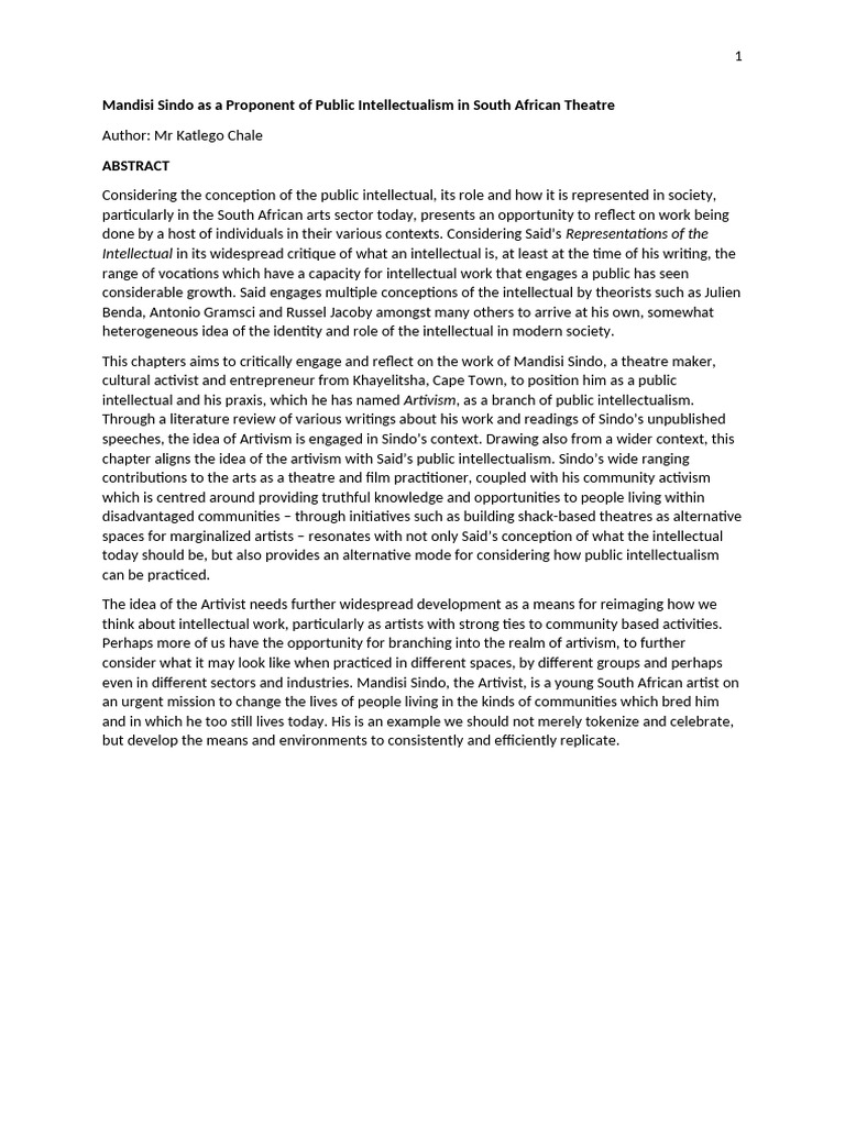 Mandisi Sindo As A Proponent Of Public Intellectualism In South African